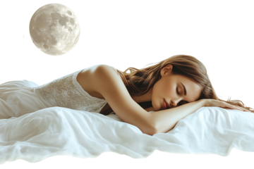 A serene woman peacefully sleeps on a bed, illuminated by the soft glow of a full moon, evoking calm and tranquility in a dreamy atmosphere.