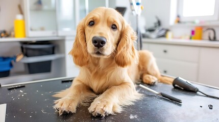 Adorable Golden Cocker Spaniel Puppy Relaxing on Grooming Table with Tools in Bright and Modern Pet Grooming Salon Environment