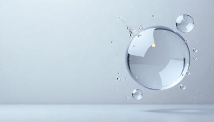 Abstract 3D render of floating liquid transparent bubbles that collide with each other over grey background