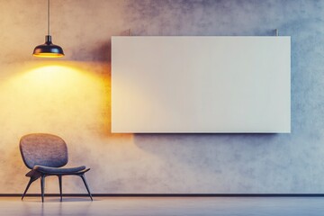 A large, eye-catching banner mockup hanging on a blank wall in a minimalist interior setting. Soft ambient lighting highlights the bold design and sharp typography