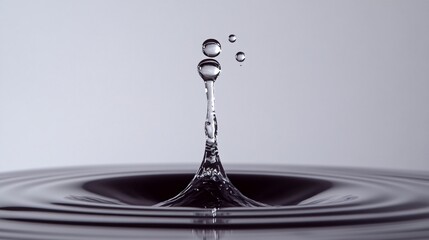 Water droplet impacting surface, creating ripples and smaller droplets.