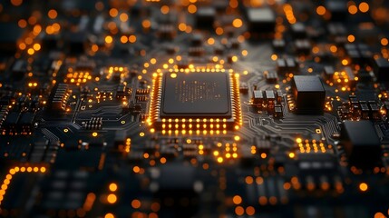 A close up of a computer chip with a lot of glowing lights