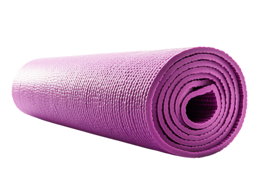 A vibrant purple yoga mat rolled up, perfect for fitness enthusiasts who value comfort and style during their yoga practice or workout sessions.