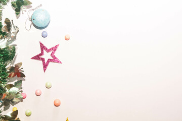 Season's greetings scene. Christmas decorations,gift boxes with red ribbons, сhristmas balls, ...
