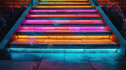  A set of wide steps glowing with multicolored neon stripes