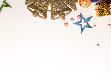 Season's greetings scene. Christmas decorations,gift boxes with red ribbons, сhristmas balls, ...