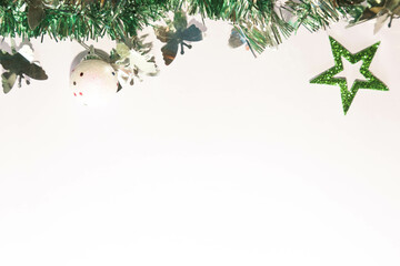 Season's greetings scene. Christmas decorations,gift boxes with red ribbons, сhristmas balls, ...