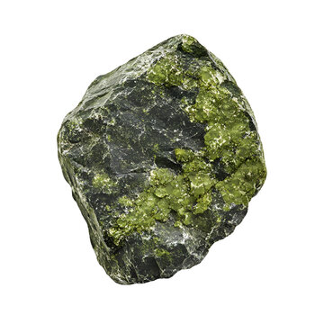 Top view of a hyperrealistic single epidote rock in an irregular shape isolated on a white transparent background