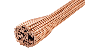 Close-up view of several copper wires bundled together. This image showcases the intricate details and shiny texture of the metal, ideal for industry-related projects.
