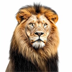 Obraz premium Majestic Lion King of the Savanna Textured Wildlife Safari Art Design Powerful and Fierce Big Cat Predator Roaring Portrait Close Up on Isolated White Background