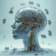 Transparent Human Head with Puzzle Pieces Symbolizing Self-Discovery and Therapy