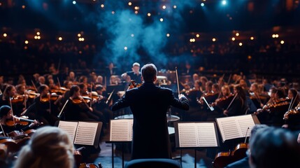 Orchestra performs a captivating symphony at a grand concert hall during an evening performance