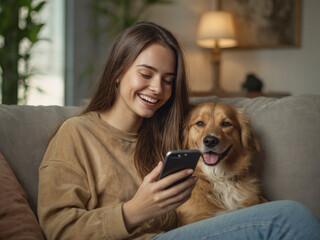 Fototapeta na wymiar Smiling young woman sitting on couch is using smartphone, her pet dog sitting beside her