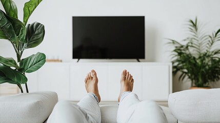 Person relaxing on sofa with feet up, watching TV in modern living room. Generative ai