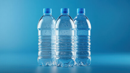 Fresh water bottles arranged in row against blue background, showcasing their clarity and design. Perfect for hydration and refreshment