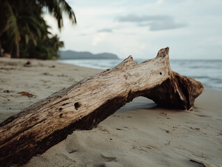 weathered driftwood log rests on sandy tropical beach, surrounded by palm trees and gentle waves. serene atmosphere evokes sense of tranquility and connection to nature