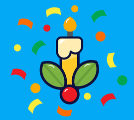 Candle christmas icon. Lineal color style on blue background. Cozy home decoration, romantic decor, interior element on christmas day. 
