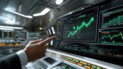 Fototapeta premium A hand points at financial graphs on a digital display in a modern control room.