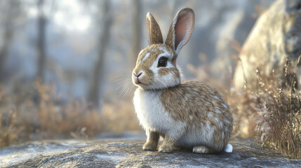 Naklejka premium cute rabbit sitting on rock in serene natural setting, surrounded by soft grass and blurred background. rabbit has fluffy coat and attentive expression, evoking sense of calm