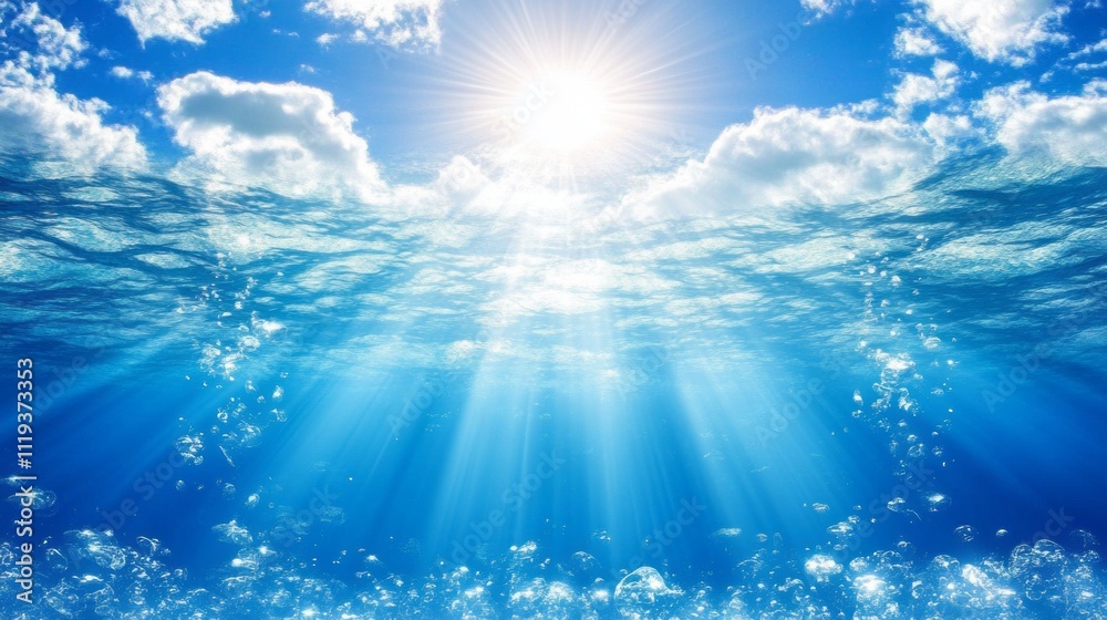 Poster Sunbeams pierce through calm waters, creating a mesmerizing display of light and bubbles, enchanting all who explore this underwater paradise at midday
