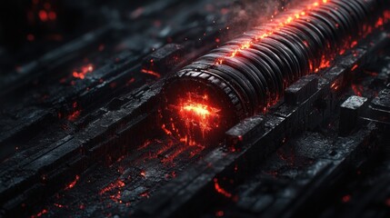 Glowing metallic core within fiery, dark industrial structure.