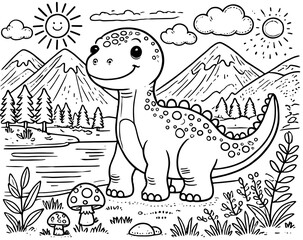 Adorable Dinosaur in a Lush Jungle with Sky and Clouds Perfect Coloring Page for Kids and Nature Lovers
