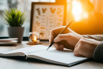 A close-up of a hand holding a pen while writing in a minimalist planner, with a blurred potted plant and a candlelit botanical frame in the background, bathed in warm morning sunlight