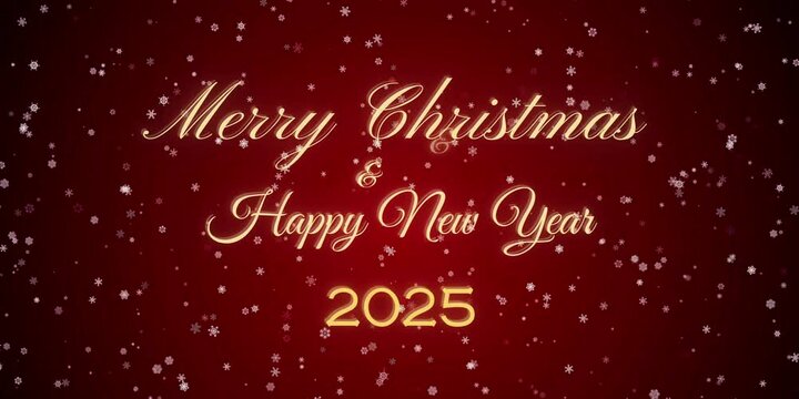 Życzenia Merry Christmas Happy New Year 2025 w tle padający śnieg na czerwono purpurowym tle z padającym śniegiem