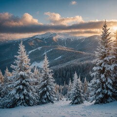 Impressive winter morning in Carpathian mountains with snow covered fir trees. Colorful outdoor scene, Happy New Year celebration concept.

