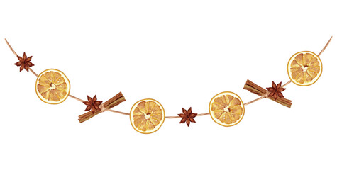 Vector illustration of an eco-friendly garland featuring dried orange slices, cinnamon sticks, and star anise, ideal for sustainable Christmas and rustic holiday decorations. © dinatychynska