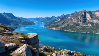 Obraz premium a view of a lake surrounded by mountains and a forest