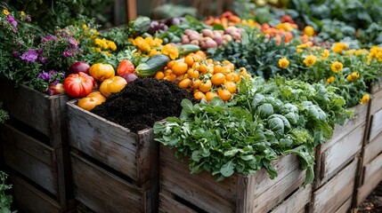 A crate of vegetables and flowers sit on the ground