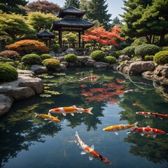 Picture a tranquil Japanese garden with koi ponds shimmering under the midday sun.