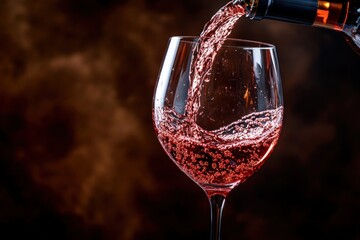 A glass of wine being poured, the liquid captured in perfect arcs mid-flow as it splashes into the glass, reflecting light with vibrant clarity