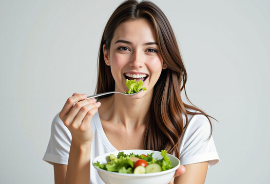 Smiling Woman Enjoying a Fresh Salad, healthy.
