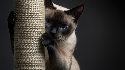 A Siamese cat sharpens its claws on a scratcher
