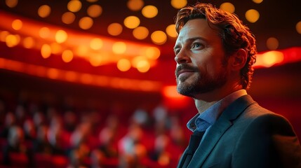 Obraz premium A man in a suit stands in front of a crowd of people