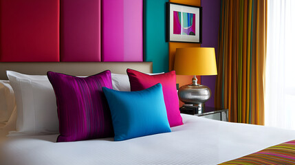   colotful pattern pillows on bed , The inviting bedroom features  ,vibrantmodern design pillow on bed , Furnished modern master bedroom in luxury home
