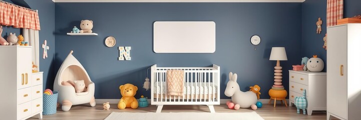 Modern and cozy nursery room with stylish furniture, plush toys and colorful decor, colorful, stylish