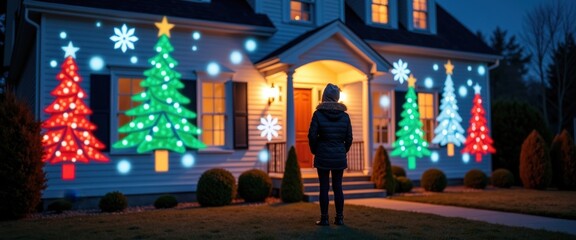 Creative Holiday Light Patterns Projected on the Side of a House for the Christmas Season.
