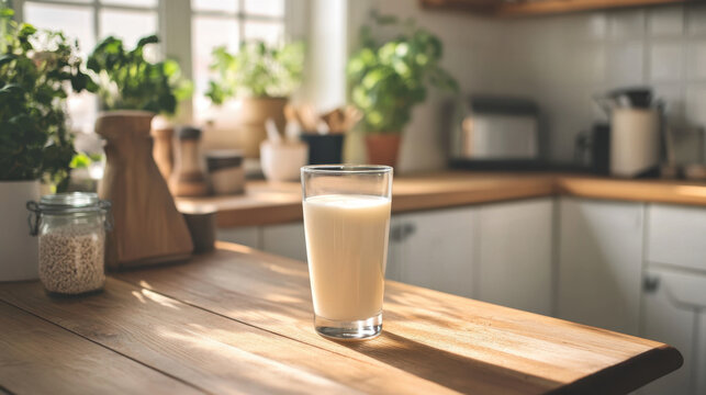 fresh modern aesthetic with glass of milk on wooden table, surrounded by greenery in cozy kitchen. sunlight enhances inviting atmosphere