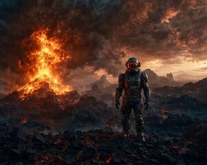 Naklejka premium Ancient Secrets: A Fiery Alien Cave Landscape