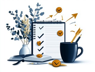 An artistic illustration of a weekly planner checklist with a spiral-bound notebook, arrows, checkmarks, a coffee mug, and stationary, set against a white background with decorative flowers