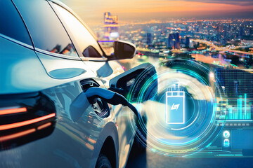 Obraz premium EV car plug in with charging station to recharge electricity from EV charger display battery status hologram
