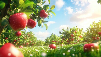 3d cartoon The apple on the tree is beautiful and it looks like it's shining in the farm
