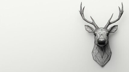 Geometric reindeer head in minimalist black lines over pale grey canvas, Merry, modern holiday design