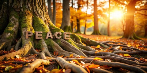 Tranquil Wooden Words Nestled Among Autumn Tree Roots in a Serene Forest, Illuminated by Soft Daylight, Creating an Enchanting and Peaceful Atmosphere