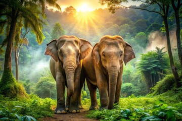 Fototapeta premium Two Majestic Asian Elephants Together in a Lush Forest Enclosure, Highlighting the Importance of Wildlife Conservation and Raising Awareness for Biodiversity Preservation Efforts
