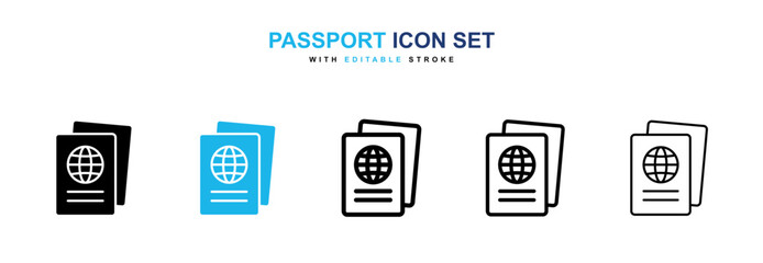 Passport icon collection in black and blue colors