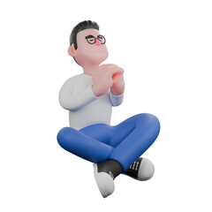 Video Editor Cartoon Character for Projects. A Male Video Editor sitting on floor with hands clasped in front of chest, eyes closed, peaceful expression. 3D Illustration Design